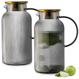 Buaic 2 PACK Glass Pitcher with Lid, 68 oz/ 2 Liter Gray Classic Vertical Stripes Water Pitcher,Glass Water Carafe for Cold Brew, Coffee, Lemonade, Iced Tea,Beverage, Heat Resistant Water Glass Jug