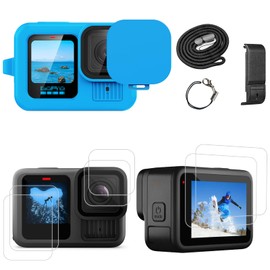 PWireless Silicone Sleeve Case for Go Pro Hero 13 Black, Accessories Kit Bundle of Battery Side Cover & Lens Guard Cap & a Set of Screen Protectors & Lanyard for Go Pro Hero 13（Blue）