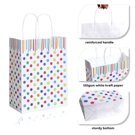 Bekoetoz 40 PCS White Kraft Paper Bags With Handles 12.6 * 9.8 * 4.3 Inch Bulk Gift Bags For Birthdays,Weddings,Baby Showers,Party Favor,Goodie Bags(Large,Dots)