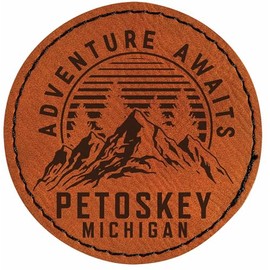 Petoskey Michigan Adventure Awaits Souvenir 2.5" Circle Iron-on Leatherette Patch Single