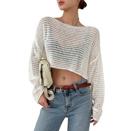 Milumia Women's Bikini Cover Up Crochet Hollow Long Sleeve Beacch Crop Top Knit Pullover Apricot Small