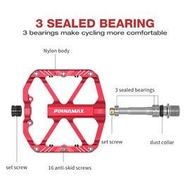 PINNAMAX Bicycle Pedals 9/16 Inch CNC Aluminum Alloy Anti-Slip for Mountain Bike BMX E-Bike Road Bike (Red)
