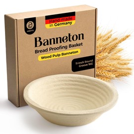 Wood Pulp Banneton Bread Proofing Basket – 11" Round 2.2LB Brotform, Grooved Pattern – Non-Stick Natural Wood Pulp Pressed for Durability – Made in Germany Proofing Baskets for Sourdough Bread Baking