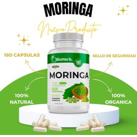 BioHerb. Moringa 100% Pura (180 Capsulas 500mg) - [Potente SuperFood] | Alta Concentracion de Vitamina C y Antioxidantes| Absorcion Potenciada | Maxima Eficacia | Calidad Suprema | Suministro Para 90 Dias |- Organic Moringa Powder - BioHerb