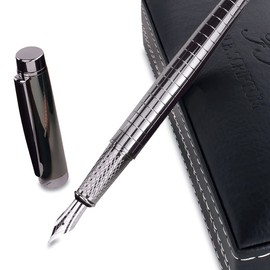 Facile Scriptum High-quality premium metal fountain pen with elegant faux leather case, dark graphene model, perfect for writing and giving as a gift, dark silver grey