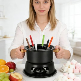Cast Iron Cheese Fondue Pot Set,Cheese Chocolate Fondue Pot with 6 Color Forks,Camping Fondue Set French Fondue Kit for 4-6 People,Black