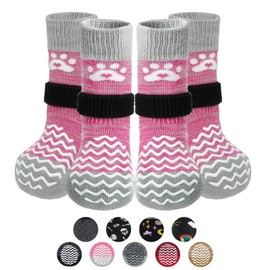 PUPTECK Anti Slip Dog Socks 2 Pairs with Double Grippers for Hardwood Floors, Shoes for Hot/Cold Pavement, Boots & Paws Protectors to Prevent Licking, Traction Booties for Senior Small Large Dogs