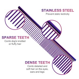 Beaface Dog Comb, Pet Grooming Comb Stainless Steel Dog Combs, Rounded Teeth Pet Combs for Large Medium and Small Dogs and Cats 19 x 3.5 cm (Purple)