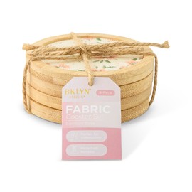 Core Home Decorative Round Drink Coasters 3.75 Inch Fabric and Wood Floral Set of 4