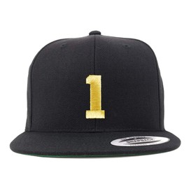 Trendy Apparel Shop Number 1 Gold Thread Flat Bill Snapback Baseball Cap - Black
