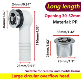 Ctyjia 1 Piece Sink Overflow, Diameter 36 mm Round Interface, Ceramic and Marble Sink Overflow Head with Overflow Pipes, for Hole Diameter of 30-32 mm