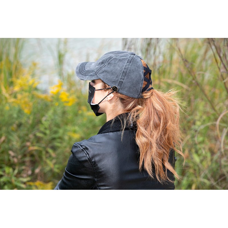 Criss Cross Ponytail Hat w/Buttons - Grey
