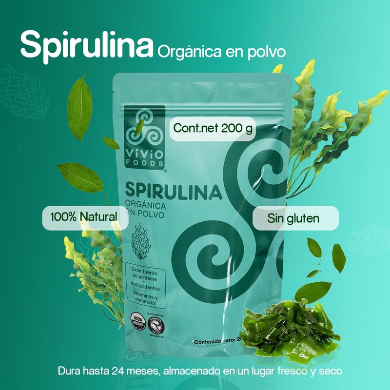 Vivio Foods, Spirulina Orgánica En Polvo, 200 gramos