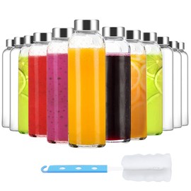 Luxfuel Clear Glass Bottles with Lids 18 oz, Reusable Glass Water Bottles with Stainless Steel Cap for Juicing,Refrigerator,100% Leak Proof, BPA Free, Juice Water Bottle Set of 12