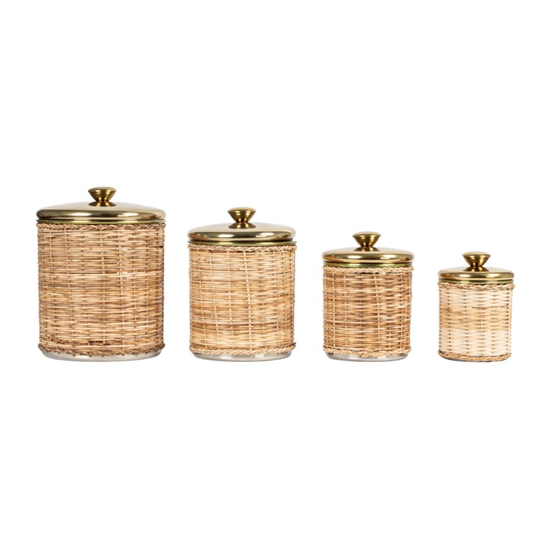 Creative Co-Op Rattan Wrapped Stainless Steel Canisters, Set of 4,