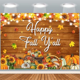 Happy Fall Y'all Backdrop 7X5FT Autumn Maple Leaves Pumpkin Wood Wall Photography Background Autumn Thanksgiving Happy Fall Party Decorations Farm Harvest Photo Studio Props
