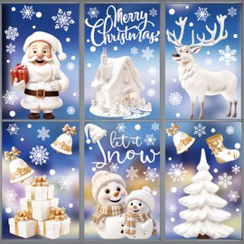 Xyxu Christmas Window Stickers, 8 Sheet Reusable Christmas Decorations White Santa Xmas Window Stickers Clings, Staic Snowflake Window Stickers Christmas Scene for Indoor Christmas Window Decorations