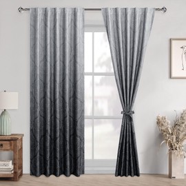 DWCN Ombre Blackout Curtains for Bedroom - Back Tab & Rod Pocket Elegant Damask Design Thermal Insulted Window Drapes with Tiebacks Light Blocking Curtains for Living Room, 2 Panels, W42 x L84, Black