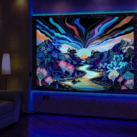Dermijer Blacklight Forest Mountain Tapestry Sun Tapestry UV Reactive Retro Landscape Wall Tapestry Black Light Watercolor Flower Trees Wall Art Tapestry Wall Hanging for Home Decor L59.1×W51.2