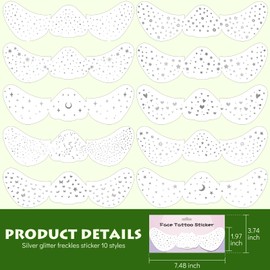 Wugbc 10 Styles Silver Glitter Freckles Face Tattoos Makeup Speckle Patches Faux Fake Freckle Temporary Tattoo Sticker Accessories for Women Cosmetic Shimmer Music Festival Outfits Stage Rave Party