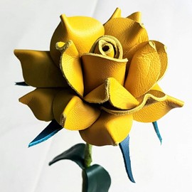 Camellia Bees Leather Rose Gift for her/him on Valentines Day, Mothers Day, Third Years Wedding Anniversary (Yellow)