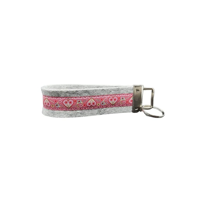 Schlüsselanhänger Schlüsselband Wollfilz hellgrau Webband Herzen Flower Love rosa Geschenk