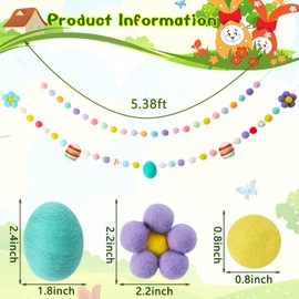 Tegeme Easter Ball Garlands 2 Pieces Colorful Pom Garlands Wool Felt Ball Hanging Pom Banner Decor Egg Felt Easter Flower Banner for Tree Home Yard Party Decoration