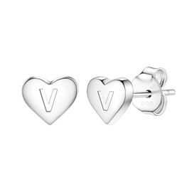 Delicate S925 Silver Heart Pendant Earrings Gift 26 Letter Initial A-Z Stud Erarrings For Women Girls Mum Daughter Sisters Friends Lover Birthday Christmas Party Silver Jewellery (V)