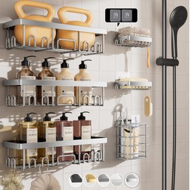 Veken Shower Caddy 6-Pack, Family Choice Award Winner, Large Wall Mounted Shower Rack, Bathroom Shelves Over Toilet, Organizer Storage Accessories with Soap Dish & Toothbrush Holder, Silver