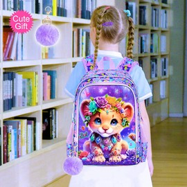ZLYERT 3Pcs Backpack for Girls, 16" Lion Kids Bookbag for Elementary Preschool Kindergarten, School Backpacks with Lunch Box(Purple)