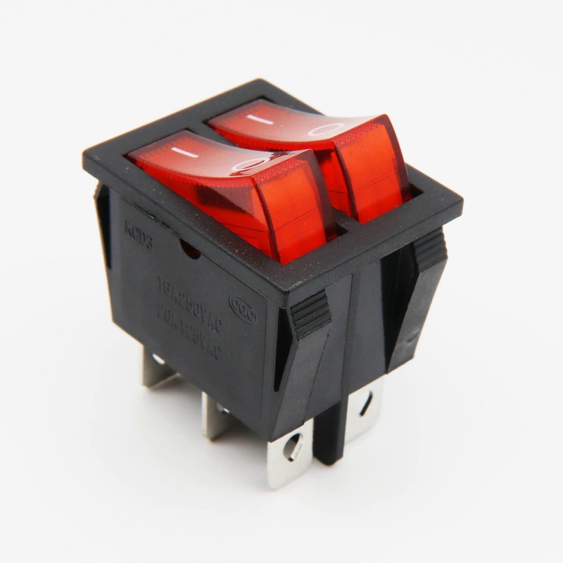Double Rocker Switch 6-Pin 250V 16A/AC Red Rocker Illuminated On/Off