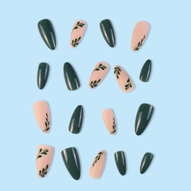24 Pcs Medium Press on Nails, ASONRL Solid Short Almond Fake Nails Gel Nail Art Nails with Nail Glue Mini Nail File Kit Reusable Acrylic Gel False Nails for Women, Dark Green Leaves