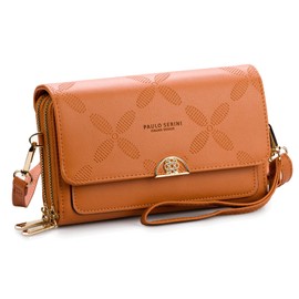 PAULO SERINI® Umhängetasche Damen | Handytasche zum Umhängen aus 100% veganem Leder | Handtasche Damen kleiner Crossbody Bag mit 2 Fächern & Reißverschluss | Women Purse Bronze Brown | braun