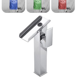 Chrome Bathroom Faucet LED 3 Color Changing Light Waterfall Vessel Sink Faucets Single Handle One Hole Bowl Sink Faucet Vanity Lavatory Deck Mount Bath Mixer Tap Tall Body Modern with Supply Lines