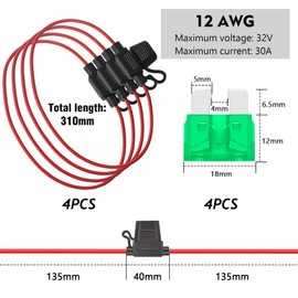 Pack of 4 Fuse Holder Car Standard 12 AWG with 30 A Car Fuses, Blade Type Fuse Holder with Waterproof Cap for Automotive, Marine, Golf Cart Lighting and Circuit Car Fuses