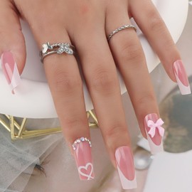 MOTIBACK French False Nails - 24PCS Square Press on Nails with Rhinestones & 3D Bow, Medium Length White Tip Stick on Nails for Women, Includes Jelly Glue (12 Sizes)