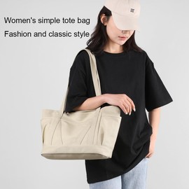 Women Tote Bag Canvas Casual Top Handle Satchel Large Capacity Handbag with Zipper Hobo Bag for Work Travel Shopping, Beige