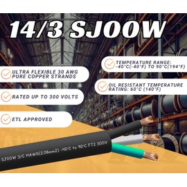 6 Feet 14/3 SJOOW Cable Cord 14 AWG 3 Conductor SO Wire - 14 Gauge 3 Conductor (14/3 Wire) 300V Portable Power Extension Cable for Motor Leads, Portable Lights, Battery Chargers