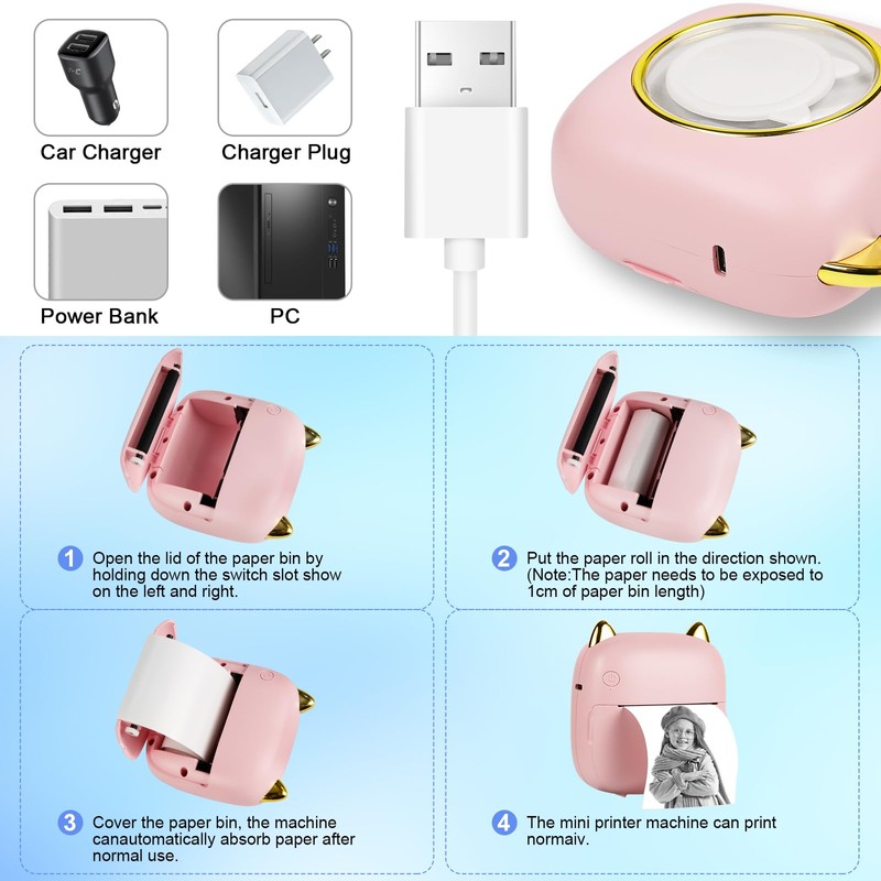 GuKKK Mini Printer, Mobile Photo Printer, Portable 7 Colours LED,