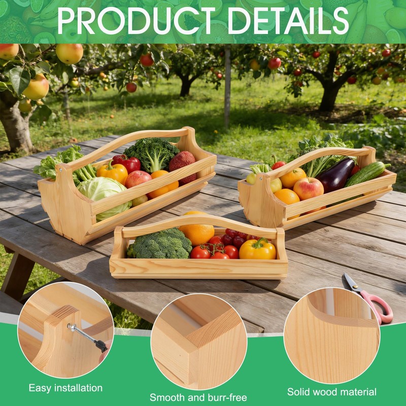 Reaeng 3-Piece Wooden Garden Harvest Basket Set with Handles (S/M/L),
