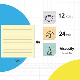 Sticky Notes Line, Assorted Bright Colors,Self-Adhesive Notes Line Colorful Post Memos for Office, School and Home,24 Pack/ 3 in x 3 in