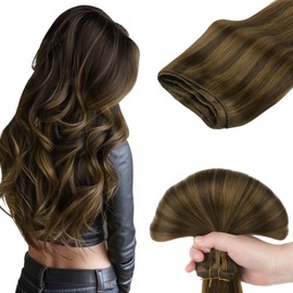 DOORES Weft Hair Extensions Human Hair, 16 Inch 100g Balayage Light Brown to Light Chocolate Brown and Light Chestnut Brown, Short Sew in Bundles Hair Extensions Remy Human Hair