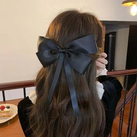 Xduargs Large Bow Hair Clips Vintage Satin Bowknot Hair Barrettes Black Silk Bow Hair Clip Barrette French Bow Knot Hair Barrette Clips Bowknot Clip Headpiece Headdress for Women