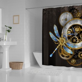 Kuizee - Cortina de ducha de baño de 72 x 72 pulgadas con 12 ganchos, esferas antiguas, bañeras mecánicas de libélula steampunk, de poliéster, impermeable, juego de cortinas de ducha, decoración de tela, fácil de instalar