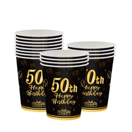 16Pcs Black Gold 50th Birthday Paper Cups,Birthday Tableware Party Cups Disposable,Happy 50th Birthday Table Decorations Cup Birthday Gifts for Women,Men,Ladies,Him,Her 50th Birthday Party Décor