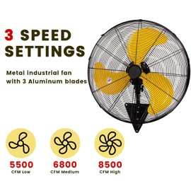 24 Inch Wall Mount Fan, Heavy Duty Oscillating Wall-Mounted Fan with 8500 CFM, High Velocity 3 Speed Fans Indoor with Adjustable Tilting for Workshop, Garage, Patios, Commercial and Industrial
