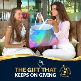 Nush Nush Christmas Gift Bags Large Size – 12 Festive Reusable Gift Bags With Holographic Santa Design - Christmas Bags, Goodie Bags, Party Favor Bags - 13x5x11 Large Size