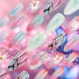 24Pcs Plum Blossom Press on Nails Glossy Red Gradient Acrylic Fake Nail Flower Stick on Fingernails 3D Curve Line Medium Almond False Nails Butterfly Gel Glue on Nail for Coquette Women Girls