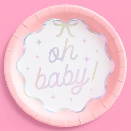 xo, Fetti Oh Baby Paper Plates - 25 pcs | Pink Baby Shower Decoration, Gender Reveal Party Tablescape, Mom to Be Dinner Setting, Girl Birthday Decor