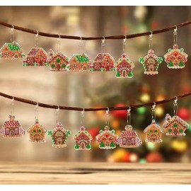 Syntego 16 Pcs 5D DIY Assorted Gingerbread House Christmas Diamond Art Keyrings by Numbers Acrylic Kit for Arts and Crafts